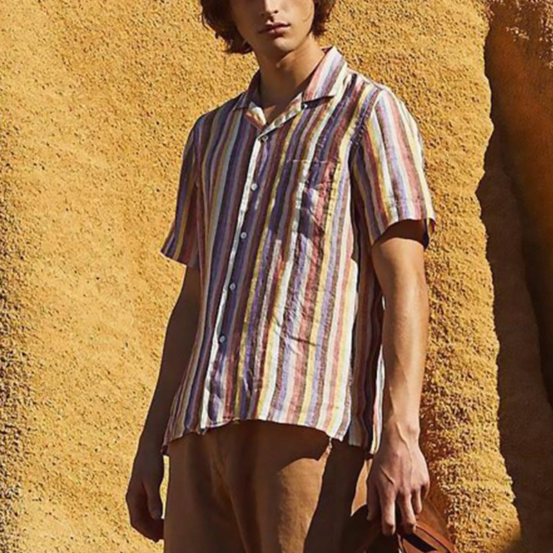 Men's Shirts Casual Lapel Striped Short Sleeves - Image 3
